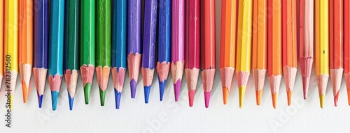 colorful pencils arranged in a rainbow sequence on a clean white surface, ideal for school supplies, artistic endeavors, and creative design elements.