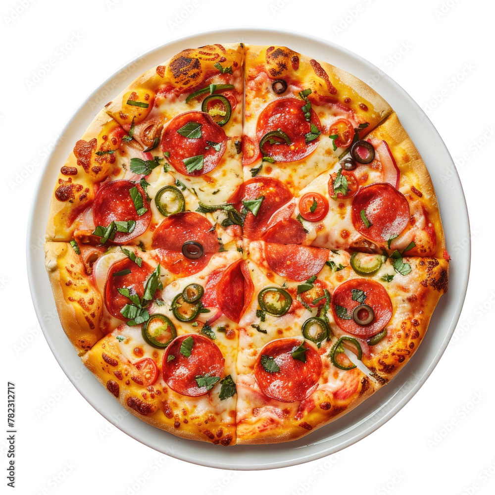A pizza with pepperoni, jalapenos, and toppings A pizza with pepperoni, jalapenos, and toppings