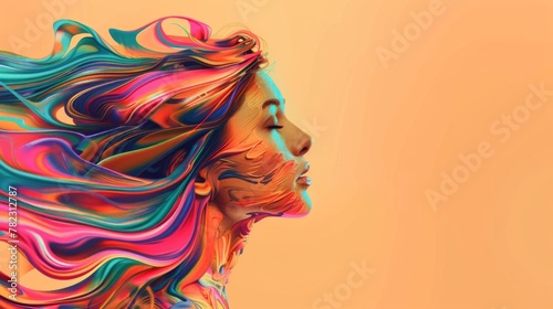 Modern abstract indigenous art. On the side, the face of a young woman and colorful wavy energy or liquid like hair. Soft orange background.