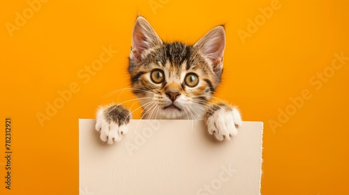 Cute kitten holding a blank frame with copy space on a orange background. Generate Ai