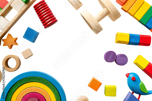 White background with colorful wooden toys