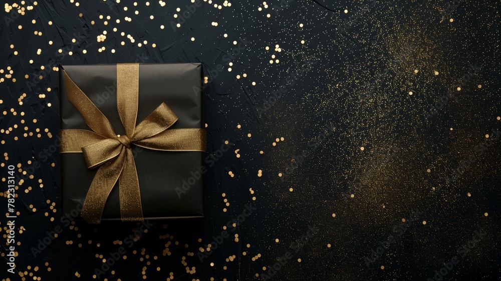 Black gift box isolated on black bokeh background. Black Friday gift box. Black Friday Sale or Happy Birthday banner. Gift box, wrapped with gold ribbon with a bow on glitter background, copy space Black gift box isolated on black bokeh background. Black Friday gift box. Black Friday Sale or Happy Birthday banner. Gift box, wrapped with gold ribbon with a bow on glitter background, copy space