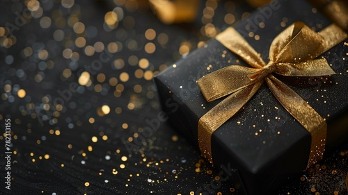 Black gift box isolated on black bokeh background. Black Friday gift box. Black Friday Sale or Happy Birthday banner. Gift box, wrapped with gold ribbon with a bow on glitter background, copy space © Philip