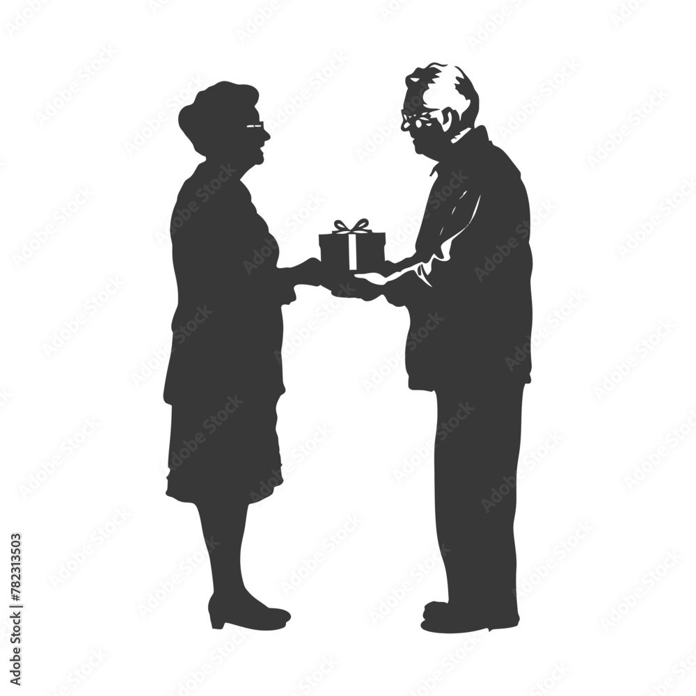 Silhouette elderly couple exchanging gifts black color only