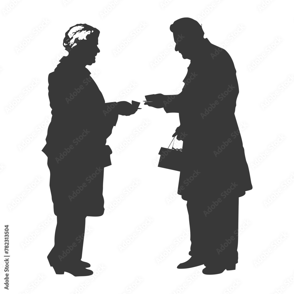 Silhouette elderly couple exchanging gifts black color only