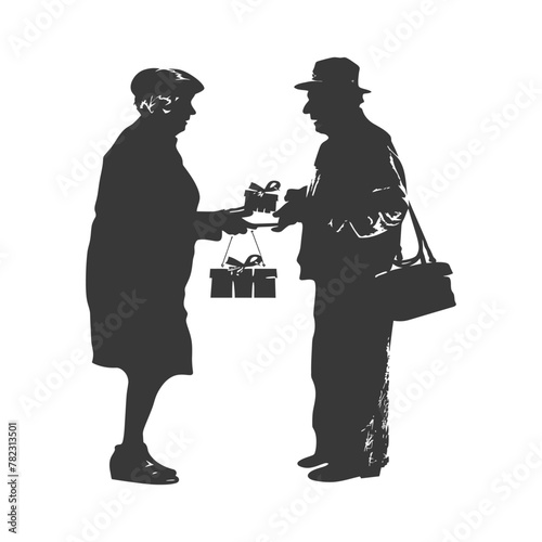 Silhouette elderly couple exchanging gifts black color only