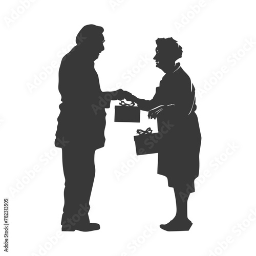 Silhouette elderly couple exchanging gifts black color only