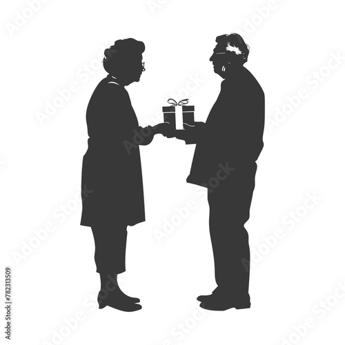 Silhouette elderly couple exchanging gifts black color only