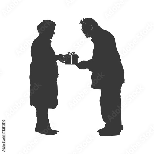 Silhouette elderly couple exchanging gifts black color only