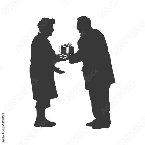 Silhouette elderly couple exchanging gifts black color only