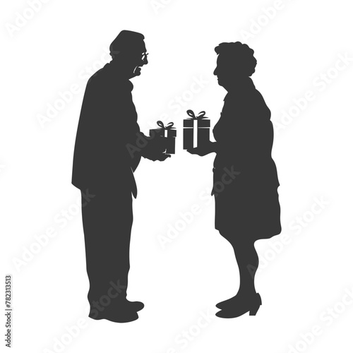 Silhouette elderly couple exchanging gifts black color only