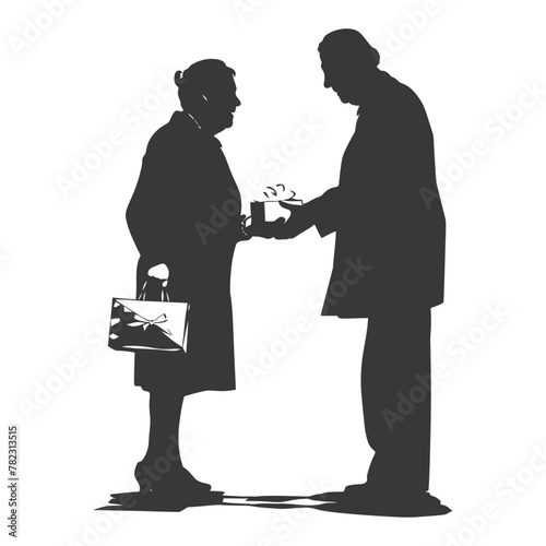 Silhouette elderly couple exchanging gifts black color only