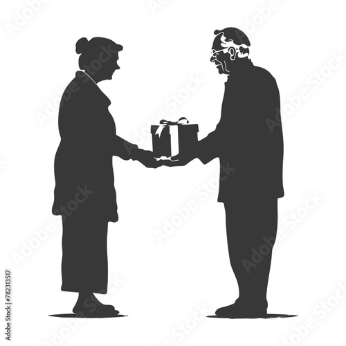 Silhouette elderly couple exchanging gifts black color only