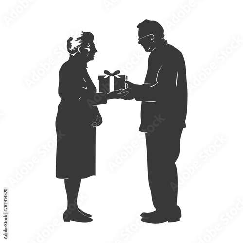 Silhouette elderly couple exchanging gifts black color only