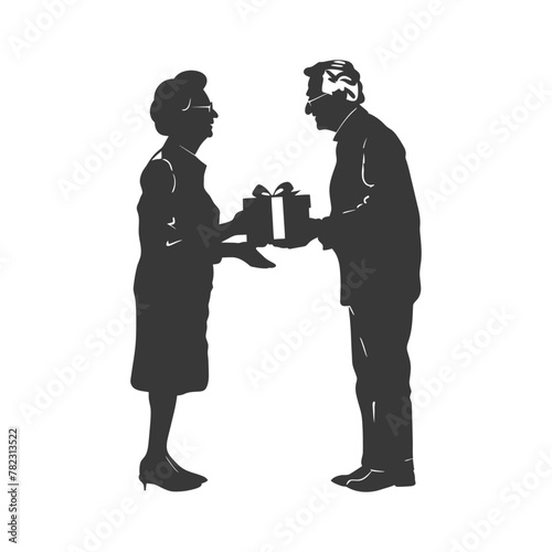 Silhouette elderly couple exchanging gifts black color only