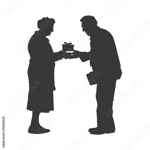 Silhouette elderly couple exchanging gifts black color only