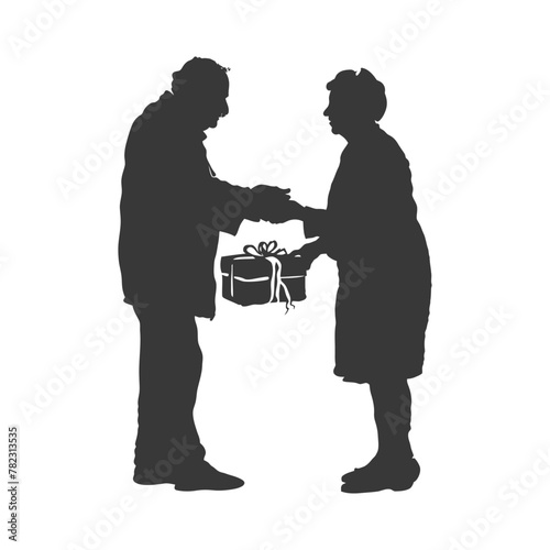 Silhouette elderly couple exchanging gifts black color only