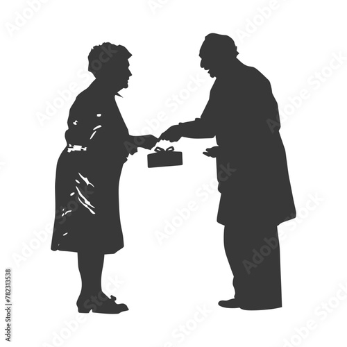 Silhouette elderly couple exchanging gifts black color only