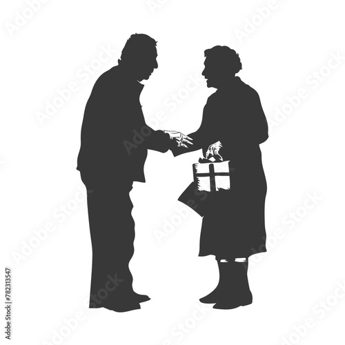 Silhouette elderly couple exchanging gifts black color only