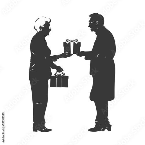 Silhouette elderly couple exchanging gifts black color only