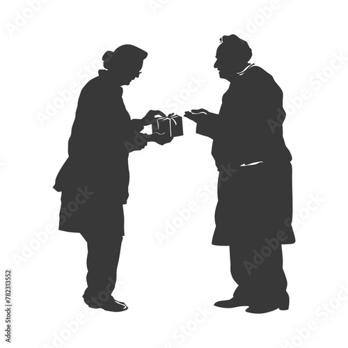 Silhouette elderly couple exchanging gifts black color only