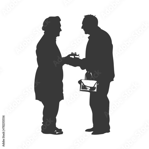 Silhouette elderly couple exchanging gifts black color only