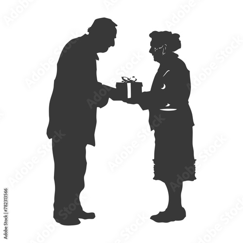 Silhouette elderly couple exchanging gifts black color only