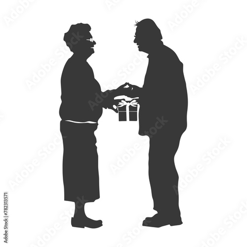 Silhouette elderly couple exchanging gifts black color only
