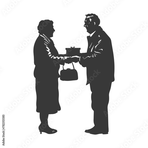 Silhouette elderly couple exchanging gifts black color only