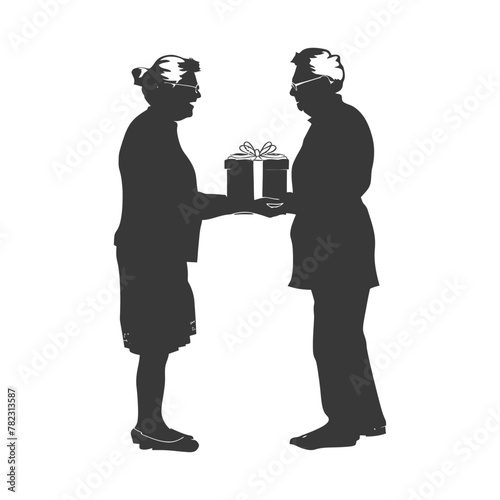Silhouette elderly couple exchanging gifts black color only
