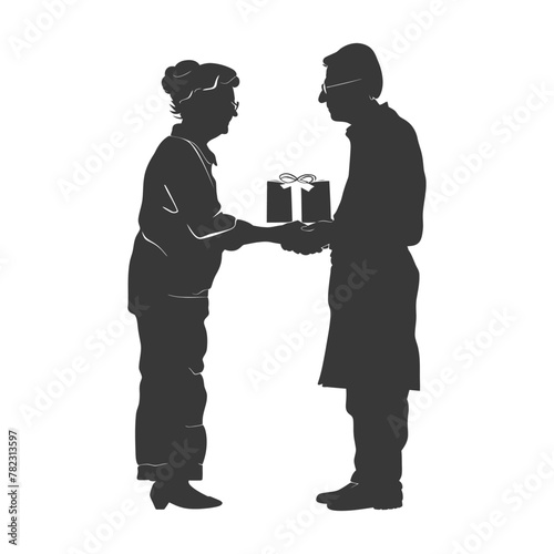 Silhouette elderly couple exchanging gifts black color only