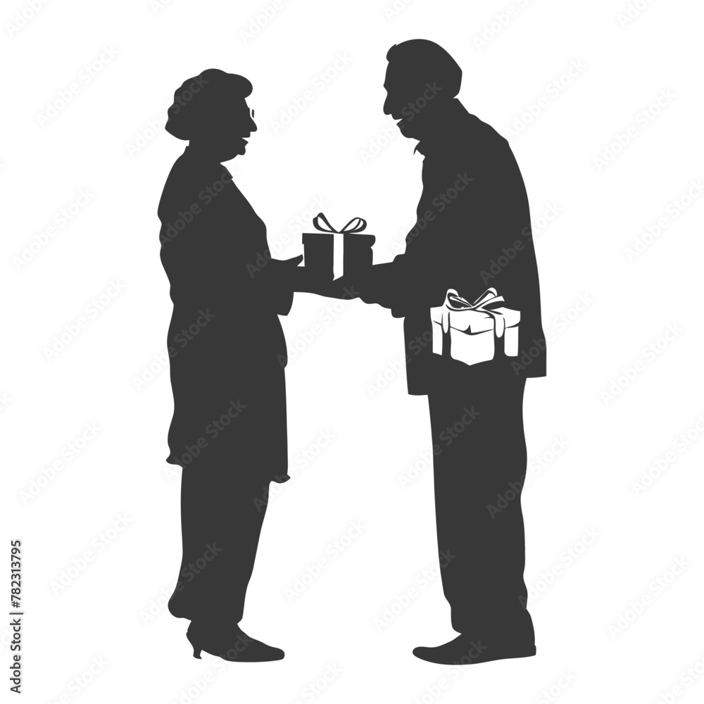 Silhouette elderly couple exchanging gifts black color only