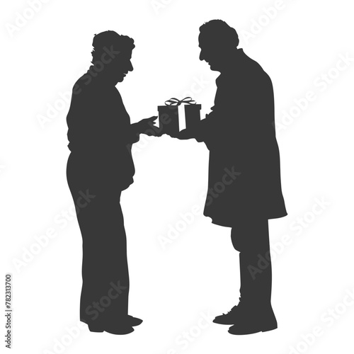 Silhouette elderly couple exchanging gifts black color only