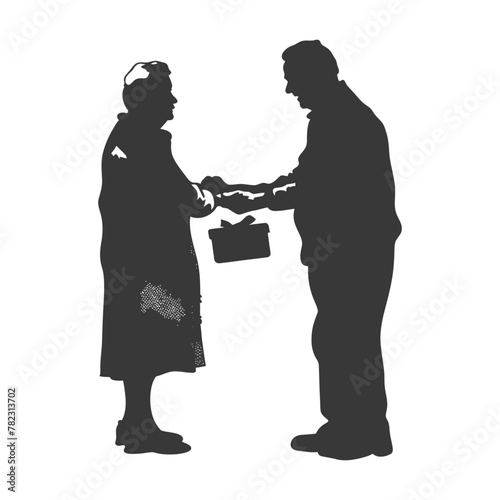 Silhouette elderly couple exchanging gifts black color only