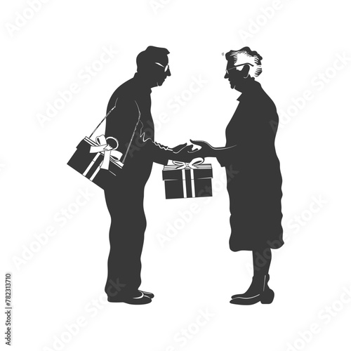 Silhouette elderly couple exchanging gifts black color only