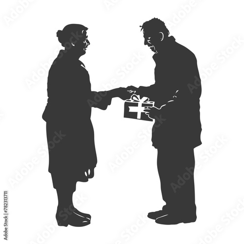 Silhouette elderly couple exchanging gifts black color only