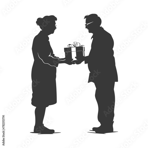 Silhouette elderly couple exchanging gifts black color only