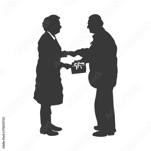 Silhouette elderly couple exchanging gifts black color only