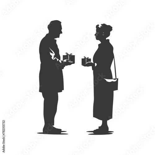 Silhouette elderly couple exchanging gifts black color only