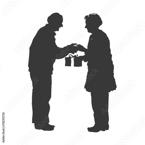 Silhouette elderly couple exchanging gifts black color only