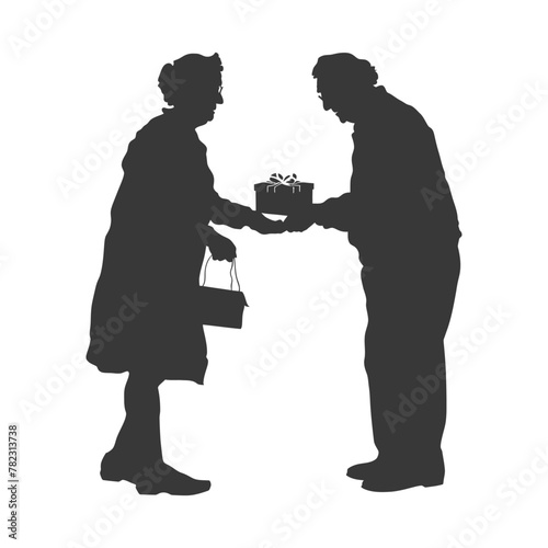 Silhouette elderly couple exchanging gifts black color only