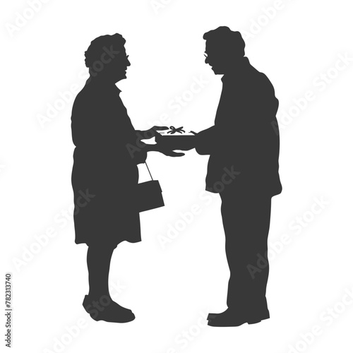 Silhouette elderly couple exchanging gifts black color only