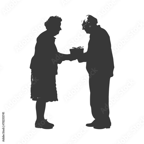 Silhouette elderly couple exchanging gifts black color only
