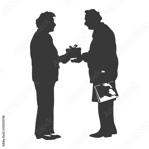 Silhouette elderly couple exchanging gifts black color only