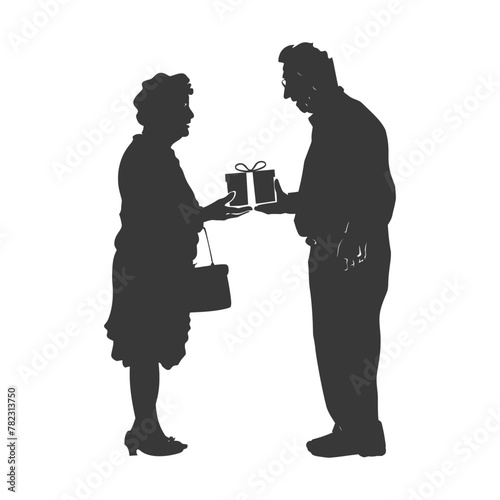 Silhouette elderly couple exchanging gifts black color only