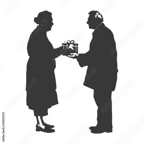 Silhouette elderly couple exchanging gifts black color only