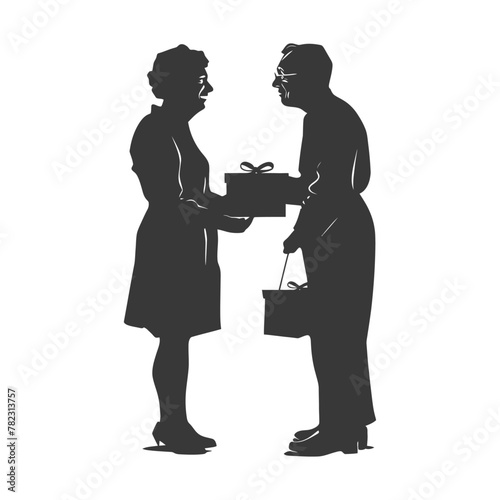 Silhouette elderly couple exchanging gifts black color only