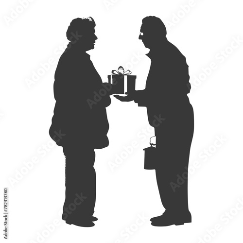 Silhouette elderly couple exchanging gifts black color only