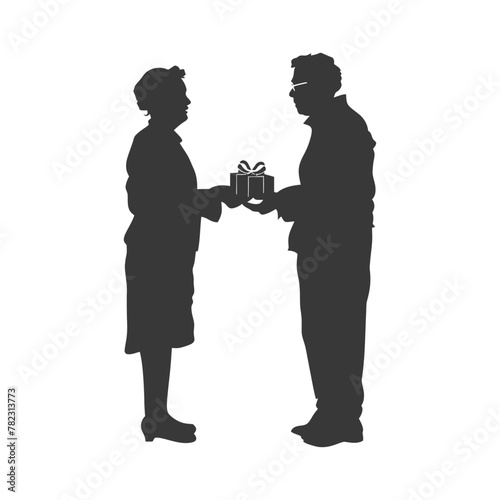 Silhouette elderly couple exchanging gifts black color only