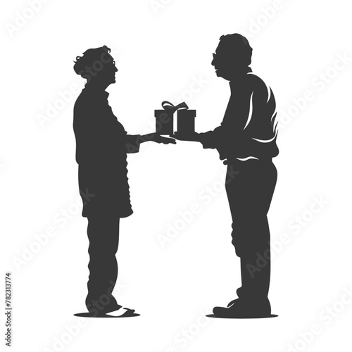 Silhouette elderly couple exchanging gifts black color only